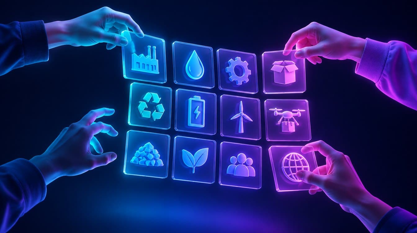 بطاقات زجاجية مضيئة تحمل أيقونات صناعات تختارها أيدٍ